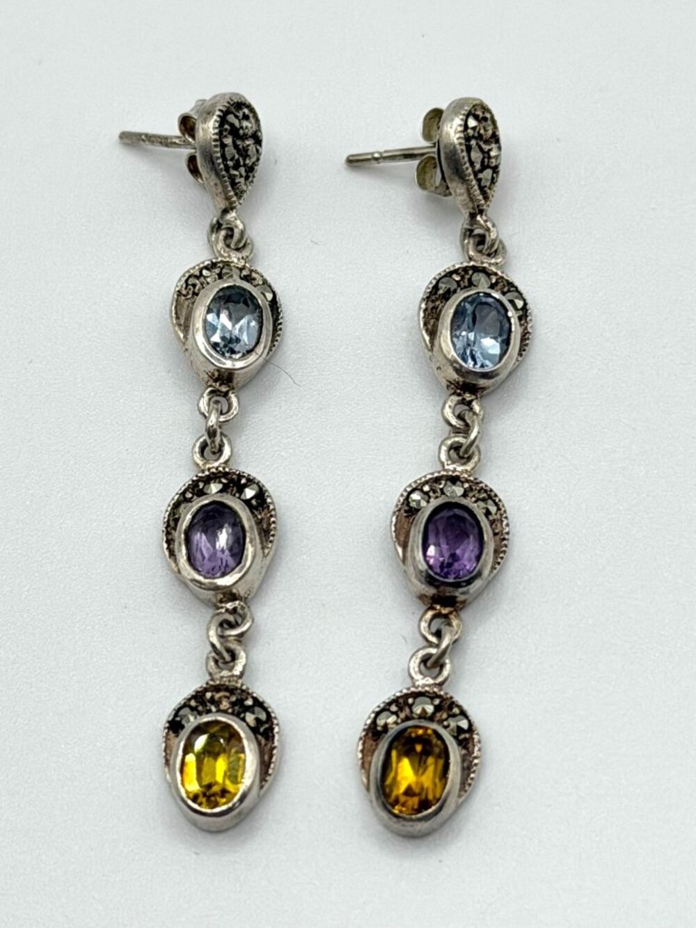 Sterling Silver 925 Multi-Gemstone Dangle Earrings